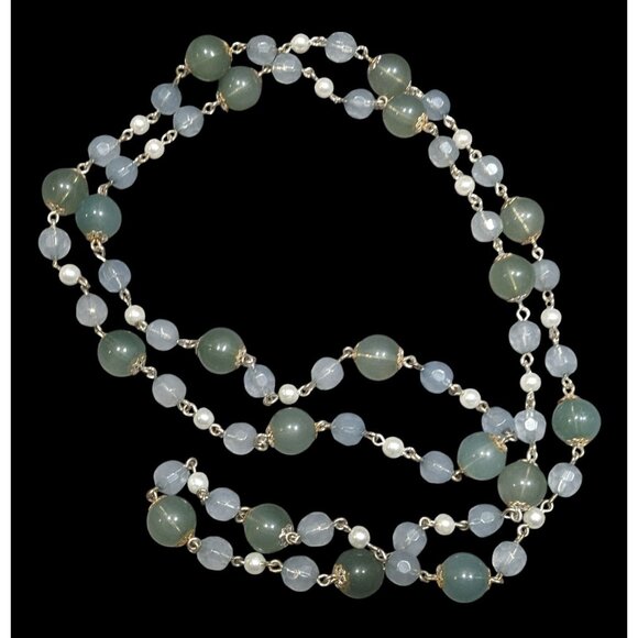 Vintage Retro Muted Blue And Green Beaded Necklace - Picture 1 of 7